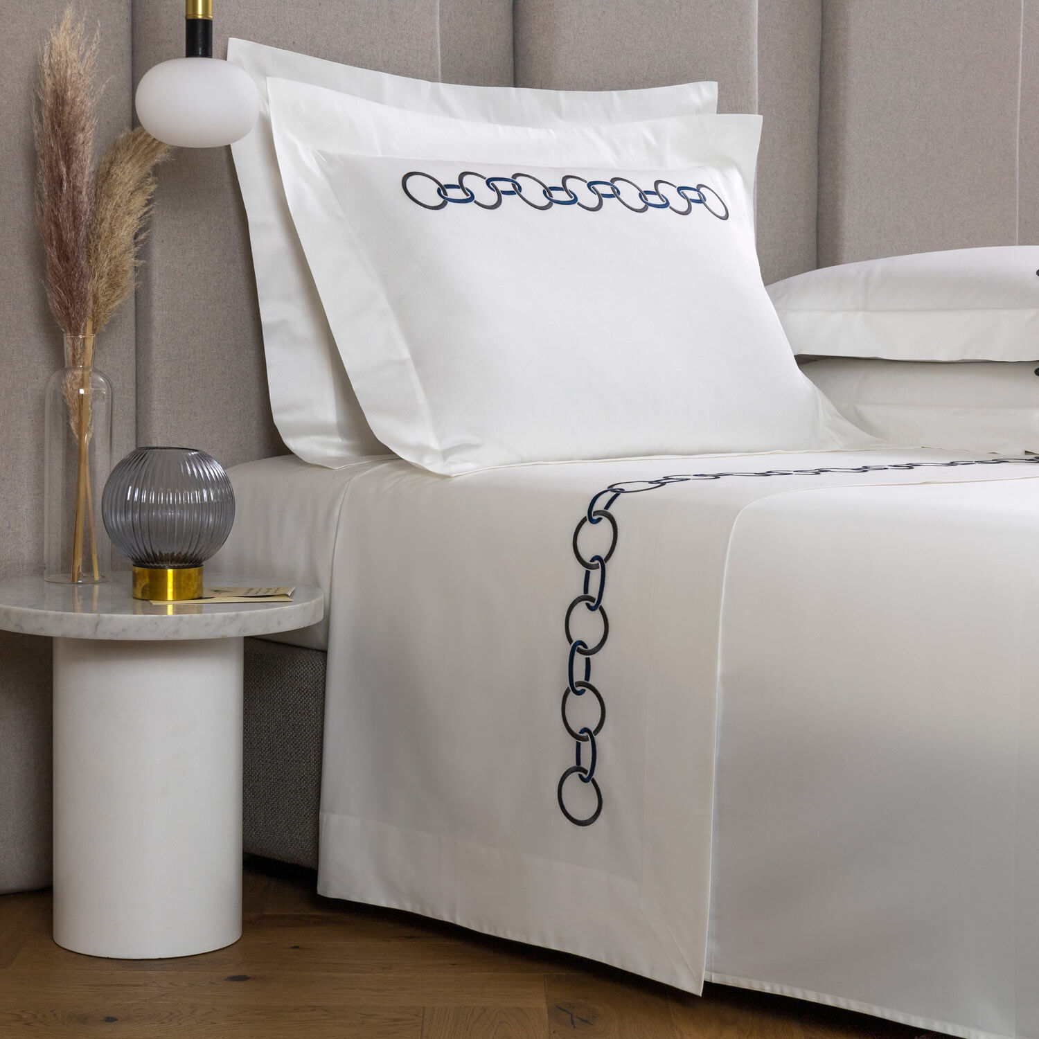 Frette Links Embroidery Sheet Set - Storm Grey Midnight Blue - Size King